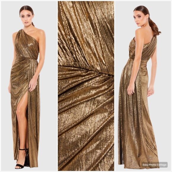 Mac Duggal 26537 Womens Draped One Shoulder Grecian Metallic Gown Dress - Picture 3 of 16